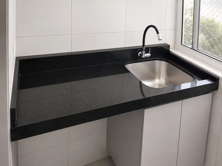 Bancada de granito preto com cuba inox em área de serviço, com janela ao lado
