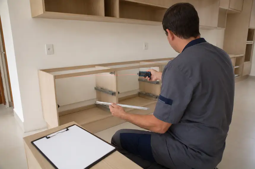 Profissional tirando o gabarito de uma bancada de cozinha em obra