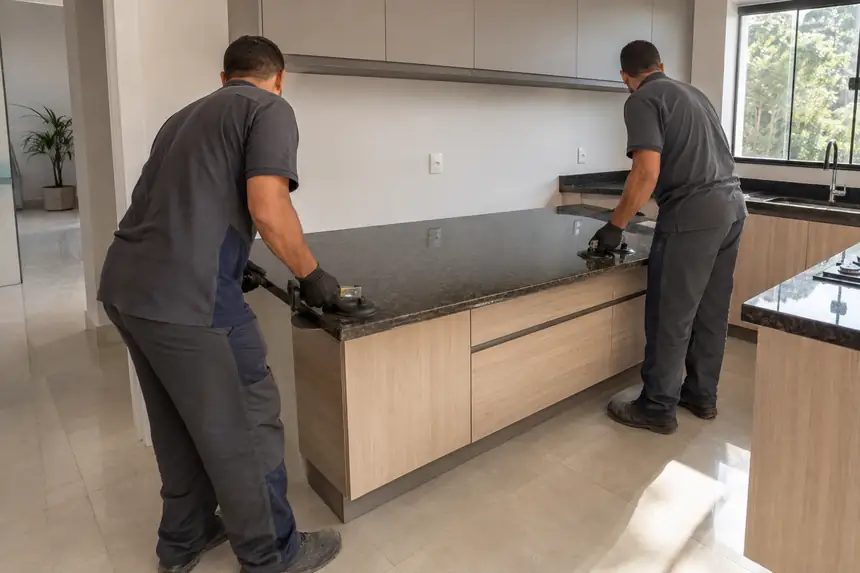 Equipe assentando um tampo de granito sobre a marcenaria da cozinha
