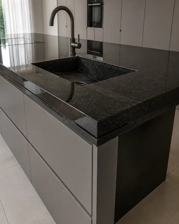 Bancada de cozinha em granito preto sob medida em Maringá