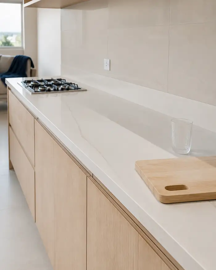 Bancada em quartzo branco sem emenda aparente, em cozinha de Maringá